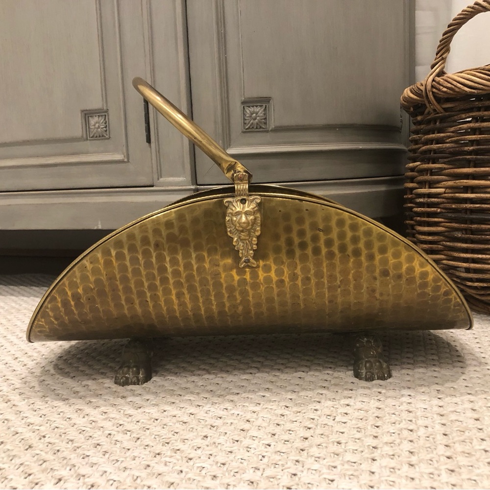 Vintage antique brass magazine, fireplace log holder